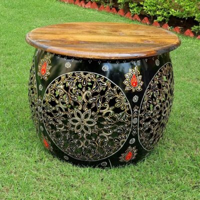 Pranjals House Wood Round Black Hand Painted Coffee Table | Nesting Center Coffee Table for Living Room